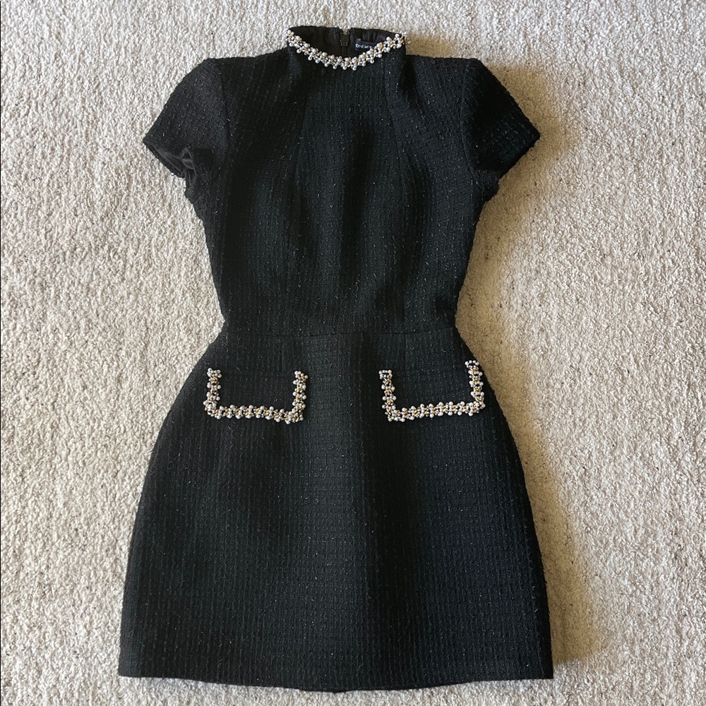 NADINE MERABI Black Tweed Mini Dress with Pearl Trim - Picture 5 of 10